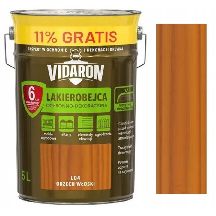 Vidaron L04 fa védő-dekoratív lakk-pác, favédő festék, TeflonTM tartalommal, UV- és időjárásálló, Olasz dió, 5L