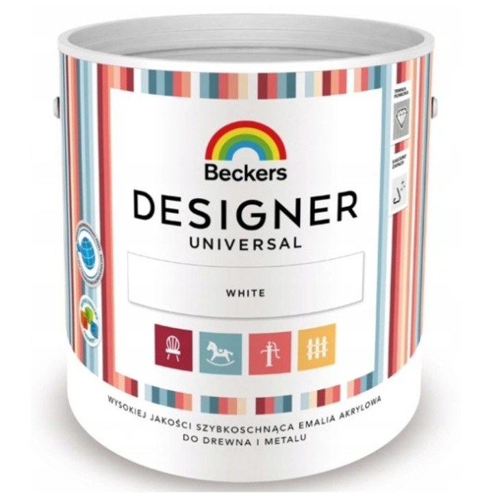 Beckers Designer Universal akrilfesték, fehér, 2,5L, beltéri és kültéri használatra, ecsettel vagy hengerrel felvihető