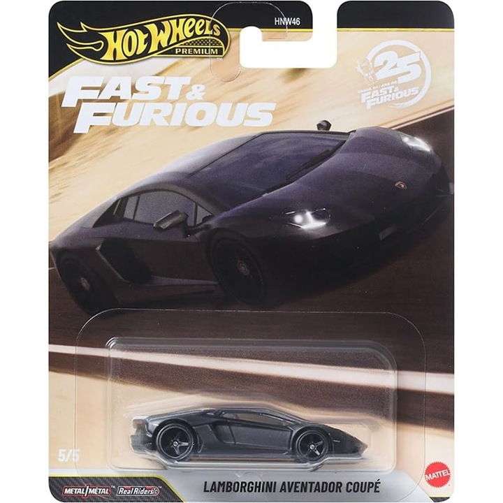 Masinuta Hot Wheels Premium Fast & Furious Lamborghini AVENTADOR, 25 Anniversary, 5/5, pentru colectie, +3 ani