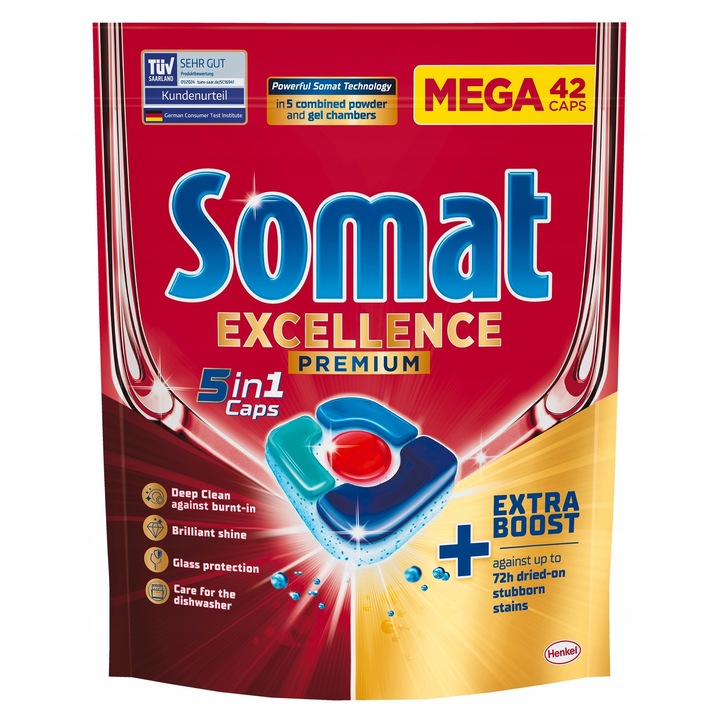 Detergent vase Somat Excellence 5in1, 42 capsule, set cu pusca premium