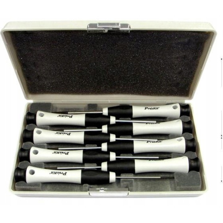 Precíziós csavarhúzó készlet, 8 db, Pro'sKit, 8PK-SD002N, 103mm, 60mm, csúszásmentes, fekete fejek