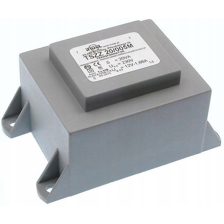 Transformator 20VA, TSZZ 20/005M, 230Vac (12V) 1,67A, cu mocare, rezistent la umiditate