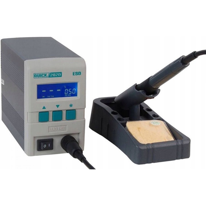 Digitális forrasztóállomás 90W, Quick, ESD, 48V/400kHz, komplett készlet tartóval és tisztítószivaccsal