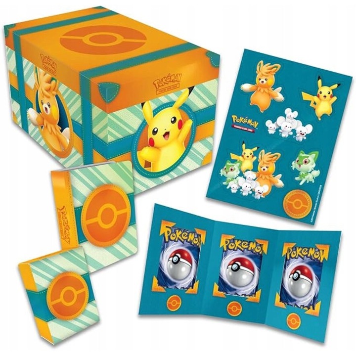 Pokemon TCG Paldea kalanddoboz, 1 koffer, 6 kiegészítő, 7 holografikus kártya, 1 Squishy Pikachu, 1 mini iratrendező, 1 matricaív, 1 kódkártya, 6 éves kortól ajánlott