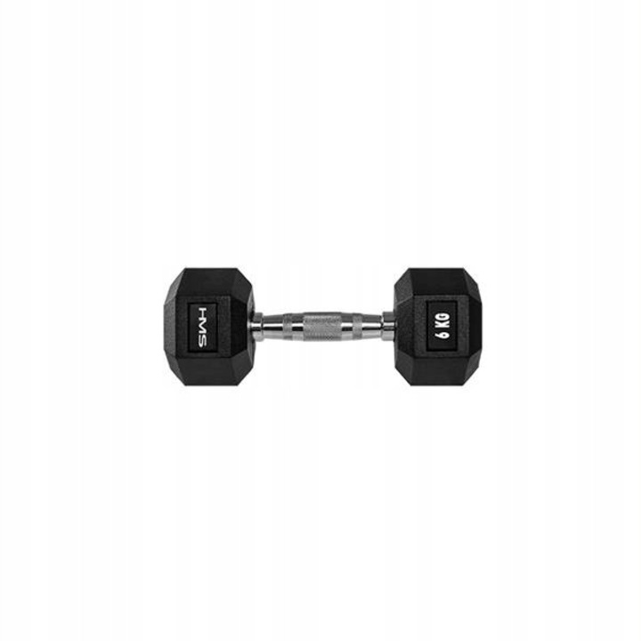 HMS, Hatszögletű gumírozott acél súlyzó/kézisúlyzó, csúszásmentes recézett markolat, HEX PRO modell, Fekete, 6 kg