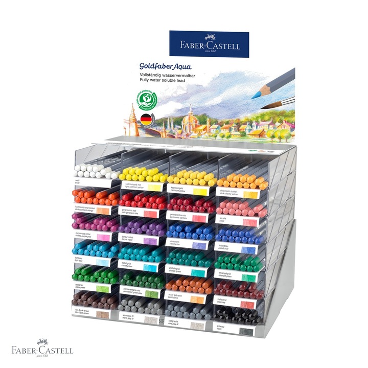 Display 288 creioane colorate acuarela Faber-Castell Goldfaber, solubile in apa, pentru artisti