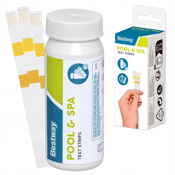 Tester pH, clor si alcalinitate Bestway 58142, set 50 bucati, 9,5x3,5x3,5cm, pentru piscine si spa