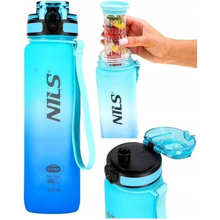 Bidon NCD04, Nils Camp, 950 ml, albastra, usor de curatat, cu suport pentru fructe