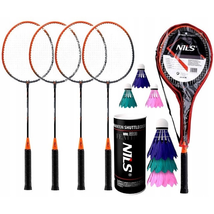 Set rachete badminton Nils, 4 rachete, palete din otel, loturi pentru joc in gradina