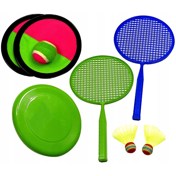 Set jocuri outdoor 3 in 1, Enero Toys, catch ball, badminton, frisbee, multicolor, 2 rachete, 2 mingi