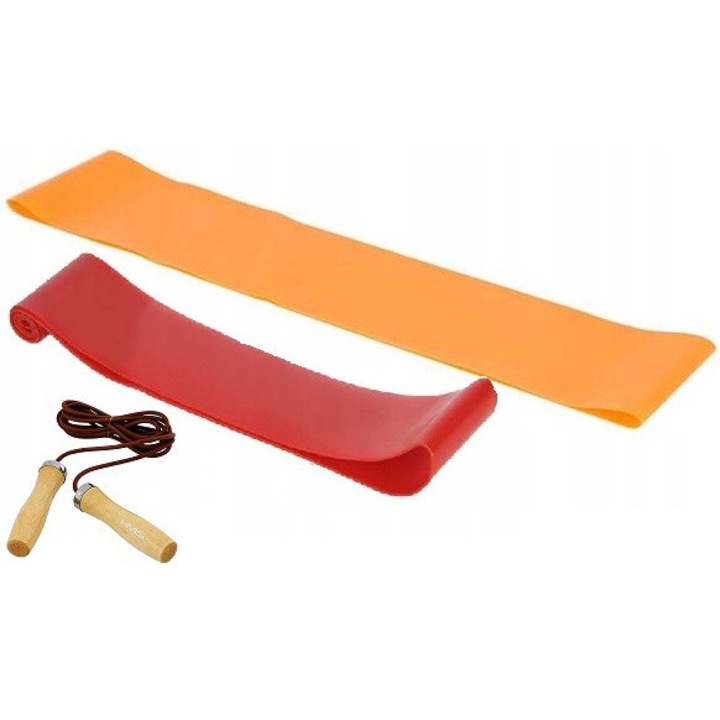 Комплект 2 съпротивителни ленти 500x50mm, 14-21,3kg и 4,5-7kg + въже за скачане с дървени дръжки 270cm, HMS