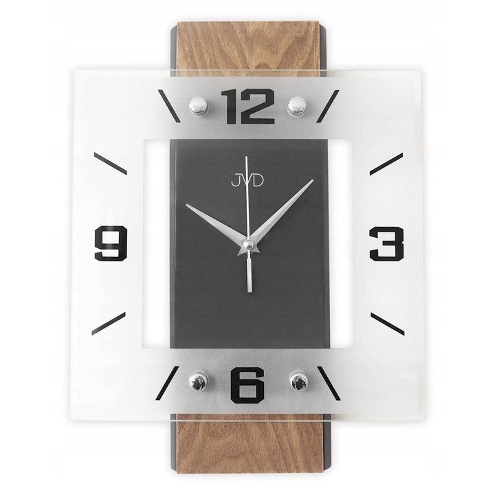 Ceas de perete JVD NS22016.78, sticla si lemn, mecanism cu quartz, 25x33,5cm, culoare ciocolata si grafit