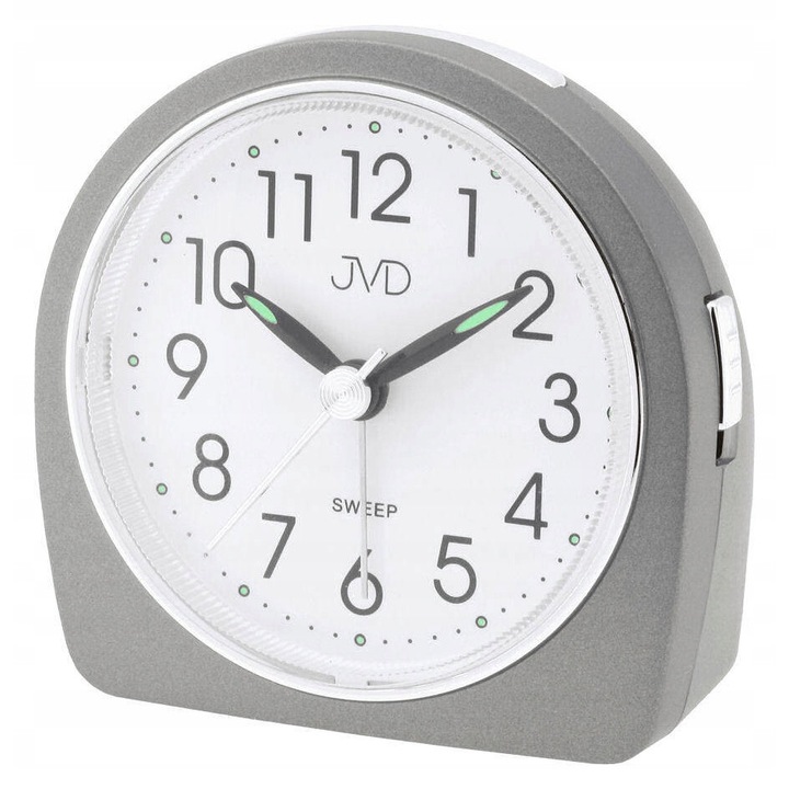Ceas desteptator JVD SRP213.1, mecanism cu quartz, design semicircular, culoare gri inchis, dimensiuni 7,9x7,7x5,4cm