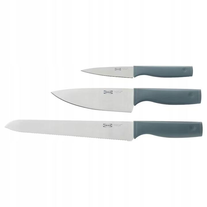 IKEA TIGERBARB késkészlet, 3 darab, rozsdamentes acél, 39x17cm, szürke-türkiz
