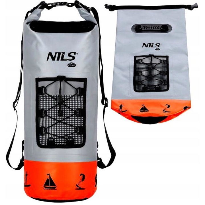 Nils Camp narancssárga 25L vízálló hátizsák, 25x65cm méretű, állítható pántokkal