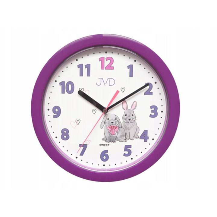Ceas de perete JVD HP612.D2, mecanism cu quartz, design cu iepurasi, violet, 25cm