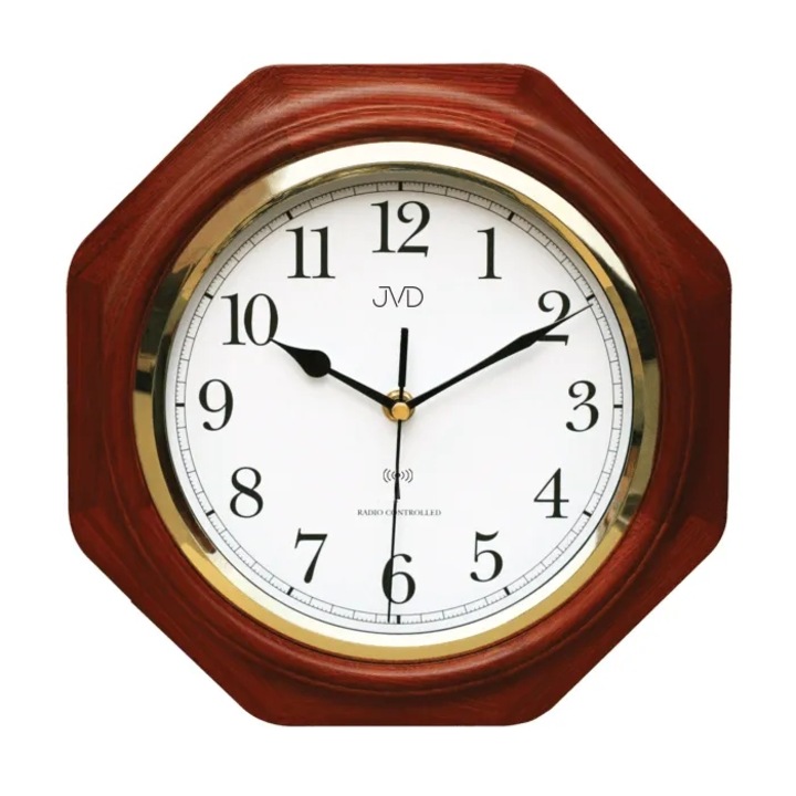 Ceas de perete JVD NR7172.3, din lemn, culoare brown, diametru 28cm, mecanism cu cuart, radio controlat