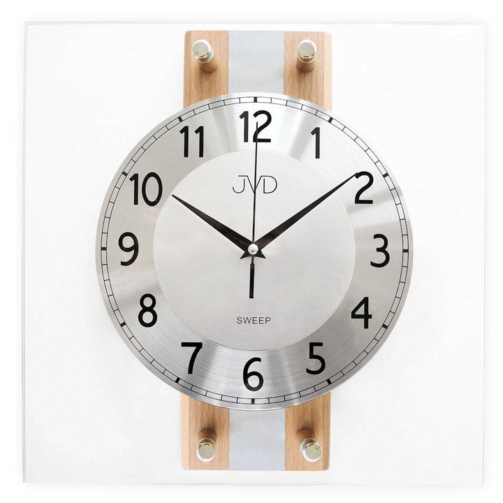Ceas de perete JVD NS21051.2, mecanism cu quartz, design elegant, sticla si lemn, 32x32cm