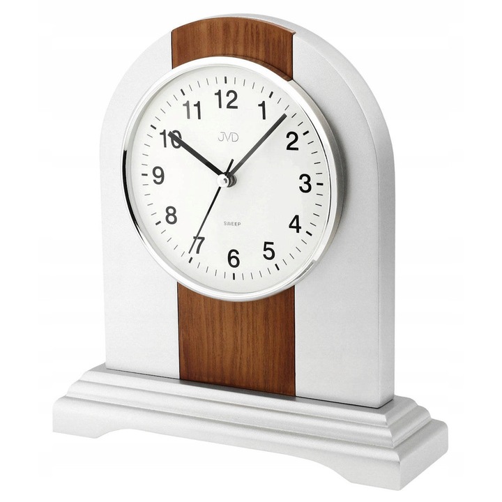 JVD dekoratív fa óra, NS21020.1 modell, 24 cm, barna és ezüst színű, kvarc szerkezet, asztali típus
