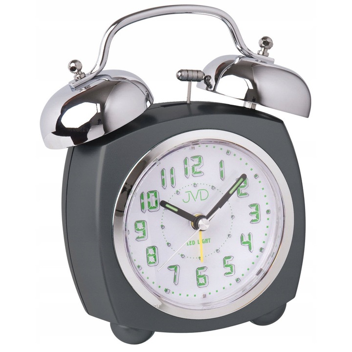 Ceas de birou JVD BELL ALARM SRP930.2, gri, 10x13x5cm, cu functie de snooze si iluminare verde