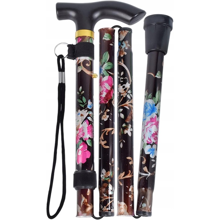 Baston pentru seniori, suport ergonomic, inaltime ajustabila 84-95cm, neagra cu flori