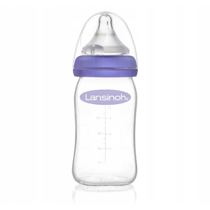 Biberon din sticla anticolici, Lansinoh 160ml, set cu tetina Natural Wave Slow 0m+, fara BPA, usor de curatat