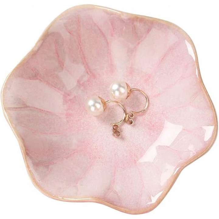 Dekoratív tálca ékszereknek, lótuszlevél forma, mázas kerámia, 10,9x10,9x3cm, ékszer- és kulcstartó készlet