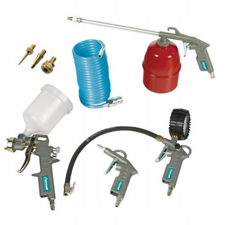 Set unelte pneumatice 8 piese, Aircraft, 4 tipuri pistoale, furtun spiral, adaptor