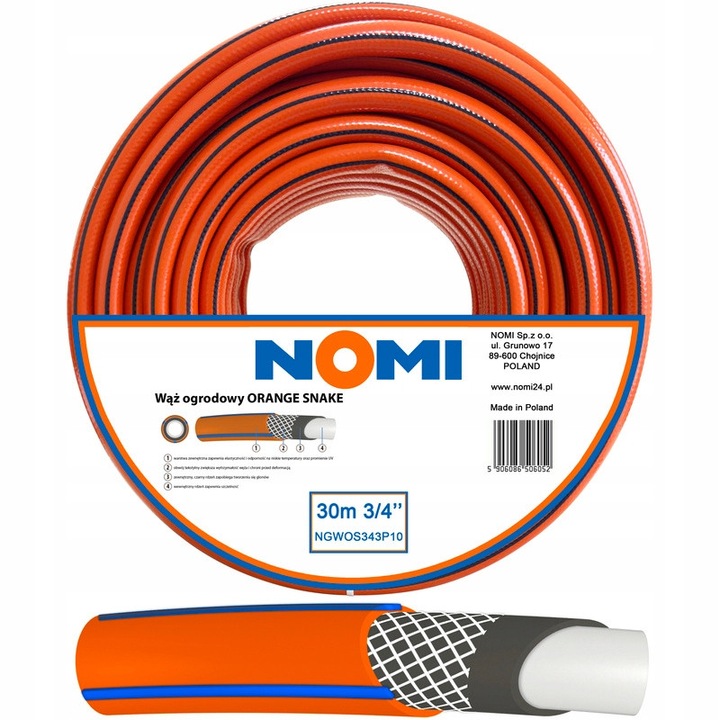 Furtun gradinarit Nomi 3/4'' 30m 4-warstwowy, rezistent la UV, anti-alge, portocalie
