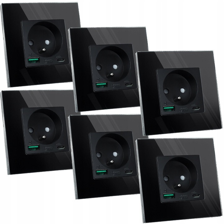 Set 6x Gniazdo Electric cu USB si USB-C, Decorya, Sticla Calita, Negru, 86x86x36mm