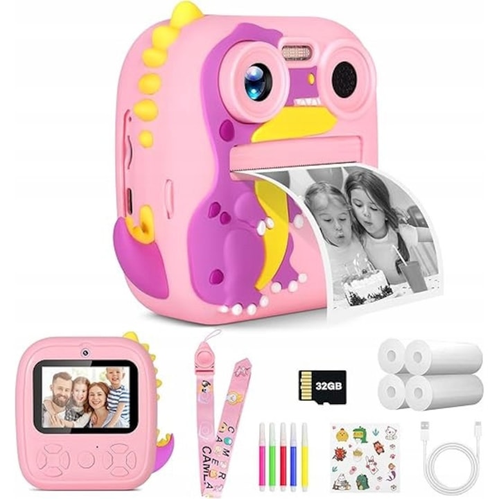 Camera Polaroid pentru copii, 4800W HD, filtre multiple, baterie 1200MAH, 2 role de hartie de imprimare termica, card de memorie 32G, incarcare USB, galben