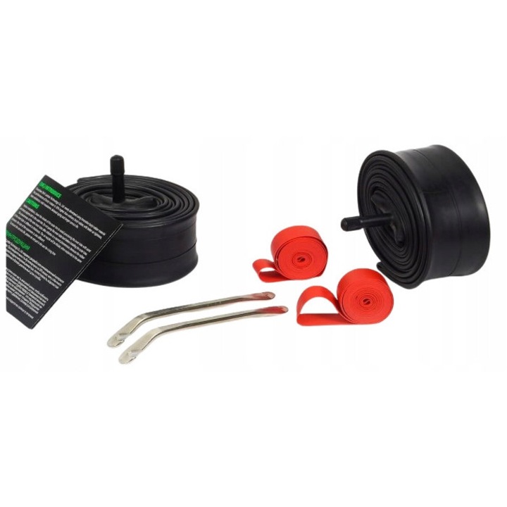Set 2 x Cameră bicicletă MTB, cauciuc butilic nano-acoperit, auto-etanșant până la 3 mm, 2 benzi jantă, 2 leviere inox