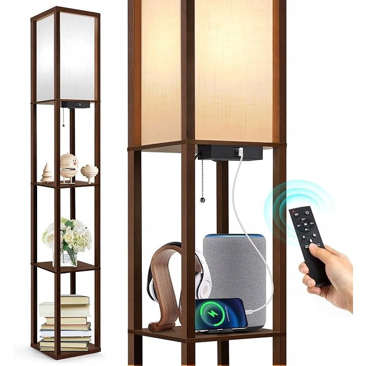 Lampă de podea LED inteligentă, 160 cm, cu raft 3 niveluri, telecomandă, USB și Type-C, bec 9W