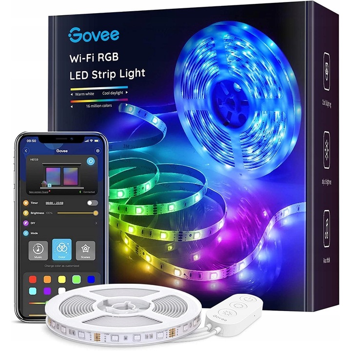 Banda LED inteligenta RGB WiFi Govee 5m, controlata prin aplicatie, sincronizare cu muzica, pentru interior