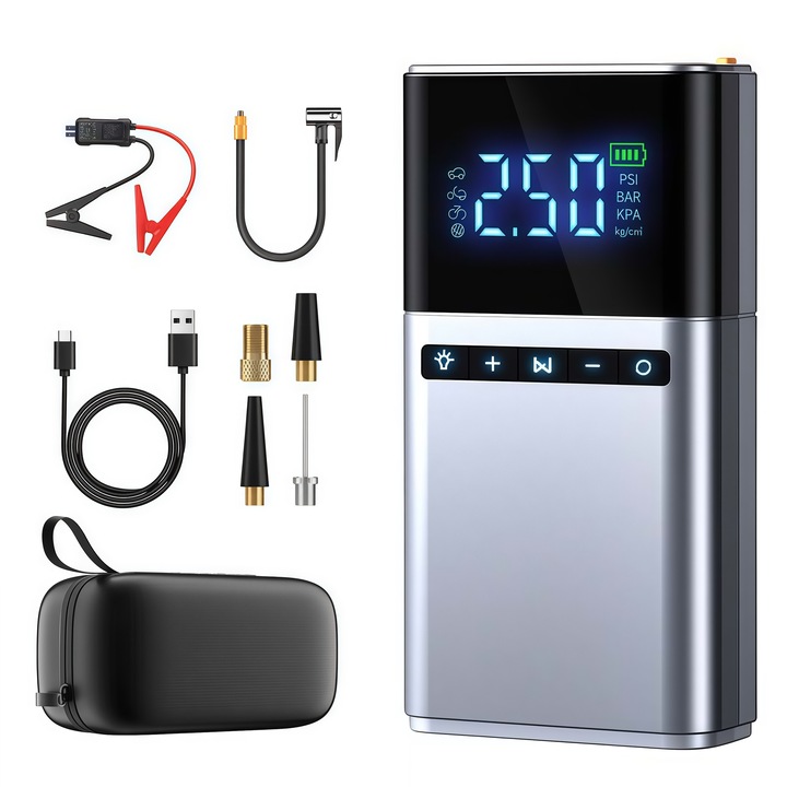 Hordozható autóindító kompresszorral, többfunkciós 10 az 1-ben, 12000mAh akkumulátorral, 150 PSI abroncspumpával, LED zseblámpával, ezüst