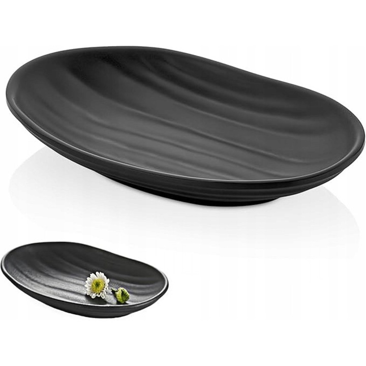 Ovális dekoratív tálca, fekete, matt műanyagból, méretei 21x13,2x3cm, ideális ékszerek és kulcsok számára