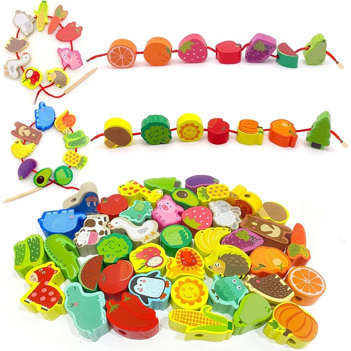 Set Joc Educativ de Invatare cu 42 Margele din Lemn, Diverse Forme, Dimensiuni Mici
