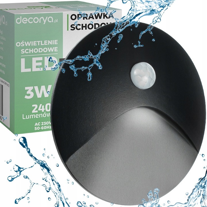 Aplica LED pentru scari Decorya, cu senzor de miscare si senzor de amurg, 3W, IP65, neagra, 86x86x25mm, set cu cutie de montaj 60mm