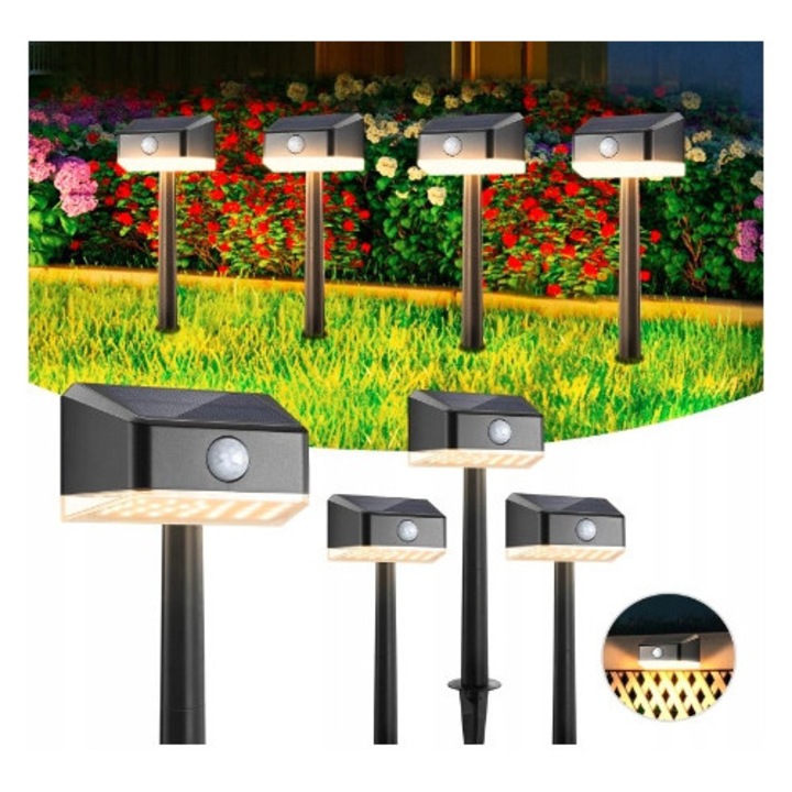 Комплект от 4 соларни LED лампи със сензор за движение, външно осветление, 3000K, 10x5x6cm