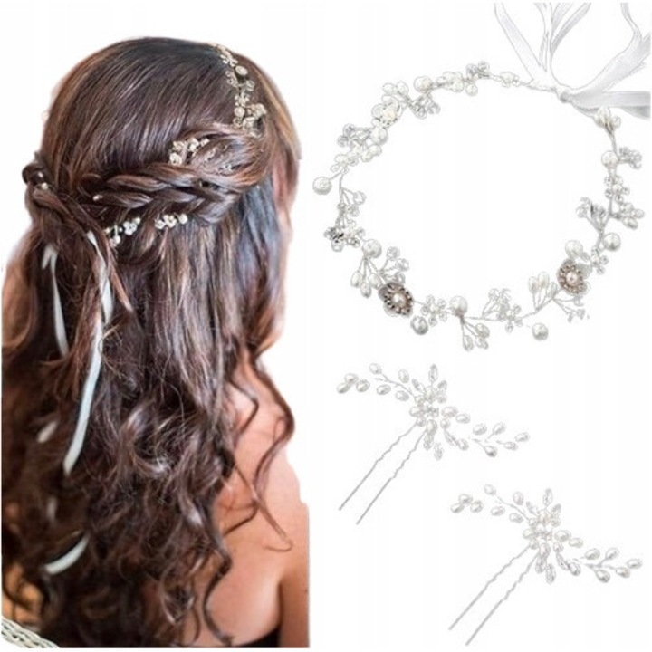 Set accesorii pentru par, 3 piese, perle, argintii, 38x3,3cm