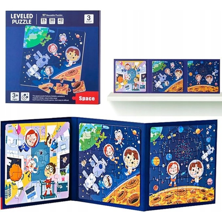 Puzzle magnetice 3 in 1, 25/30/42 piese, materiale ecologice, format carte, pentru copii peste 3 ani