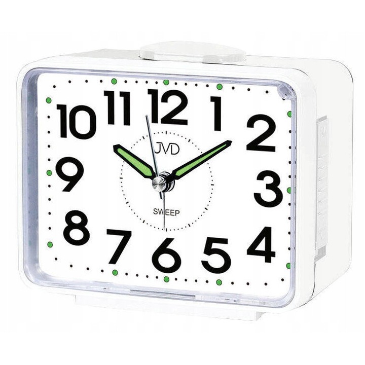 JVD SRP1101.3 ébresztőóra, fehér, 11x9x6cm, csendes mechanizmus, LED világítás
