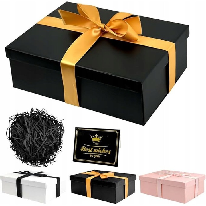 Cutie de cadou cu capac, funda si umplutura, set complet, 25x18x8,5cm, neagra
