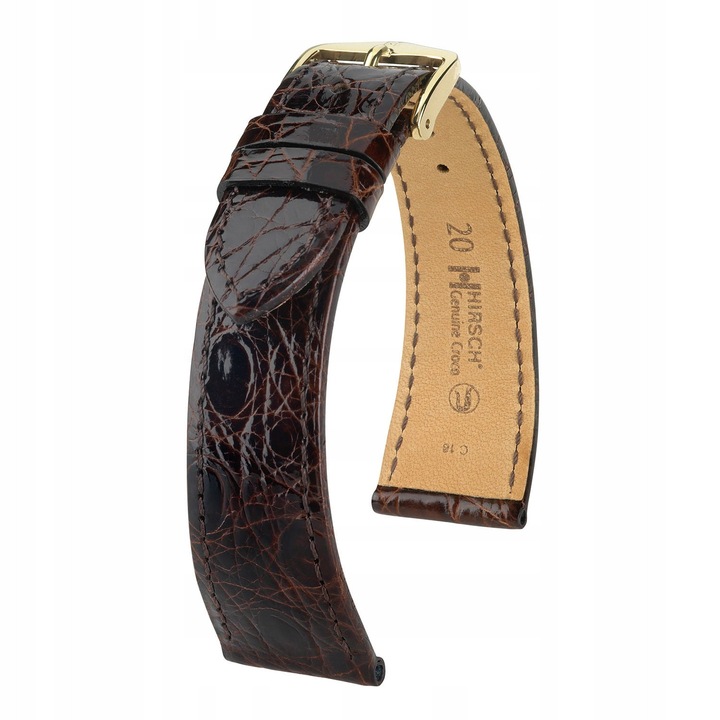 Каишка от крокодилска кожа, Hirsch, модел Genuine Croco, 20мм, кафяв цвят, с бързо закопчаване
