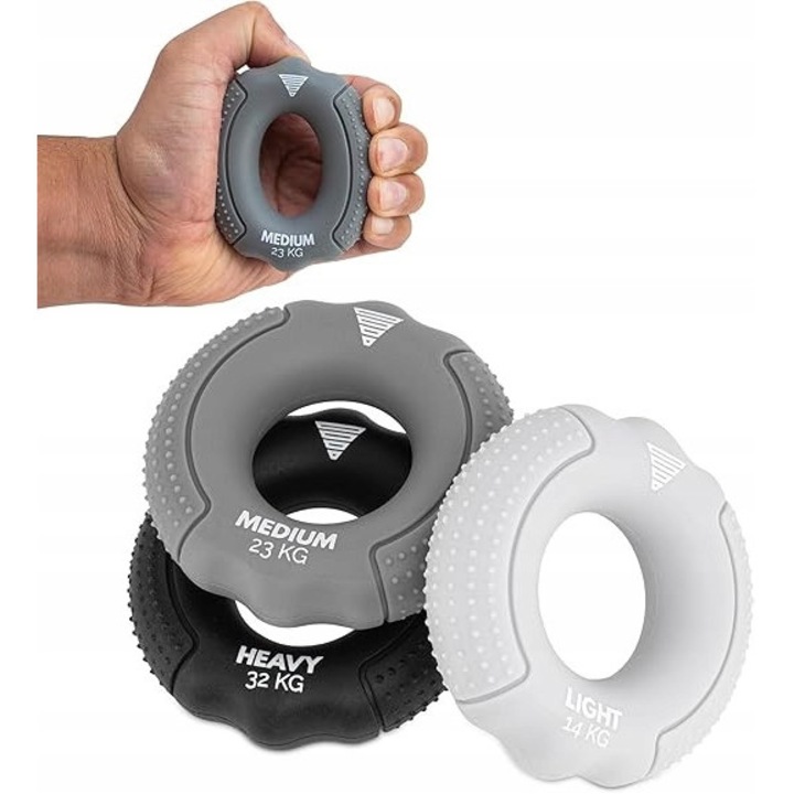 Set extensoare pentru antrenament, 3 niveluri de rezistenta, gri deschis, gri inchis, negru, compact
