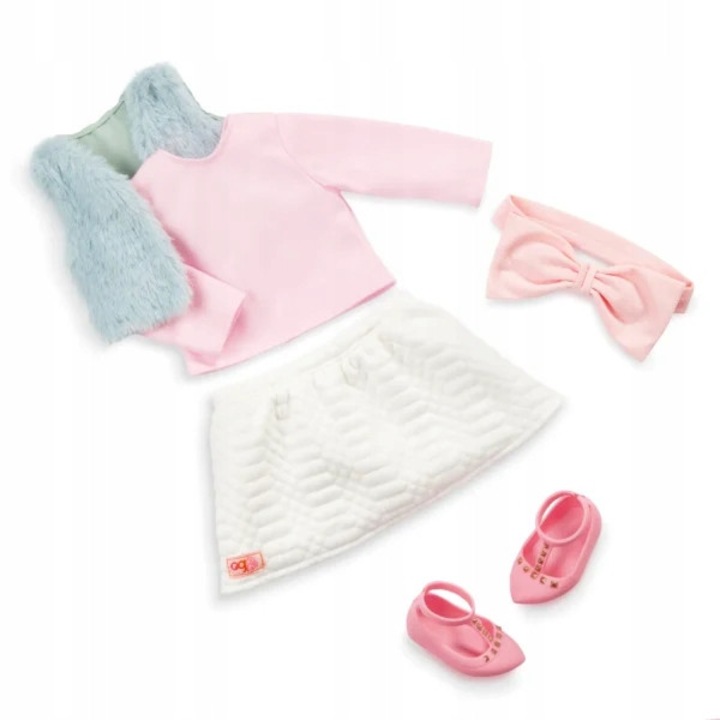 Lala Paulina 46 cm Our Generation, barna hajú, rózsaszín blúz, szürke mellény, krémszínű szoknya, szett