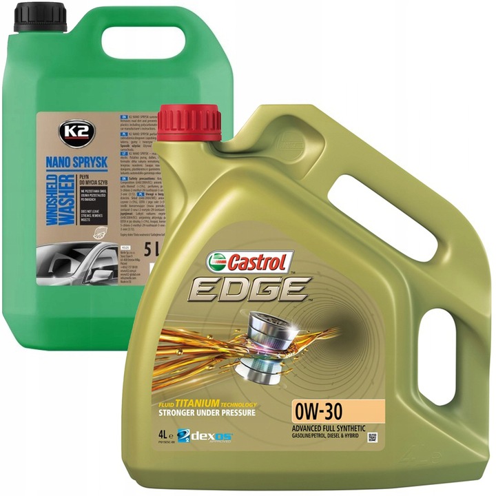 Castrol EDGE 0W-30 4L motorolaj szett + K2 NANO SPRYSK 5L ablakmosó folyadék, többszínű