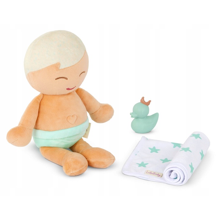 LullaBaby fürdőbaba, szőke kisfiú, 35 cm, törölközővel és kacsával