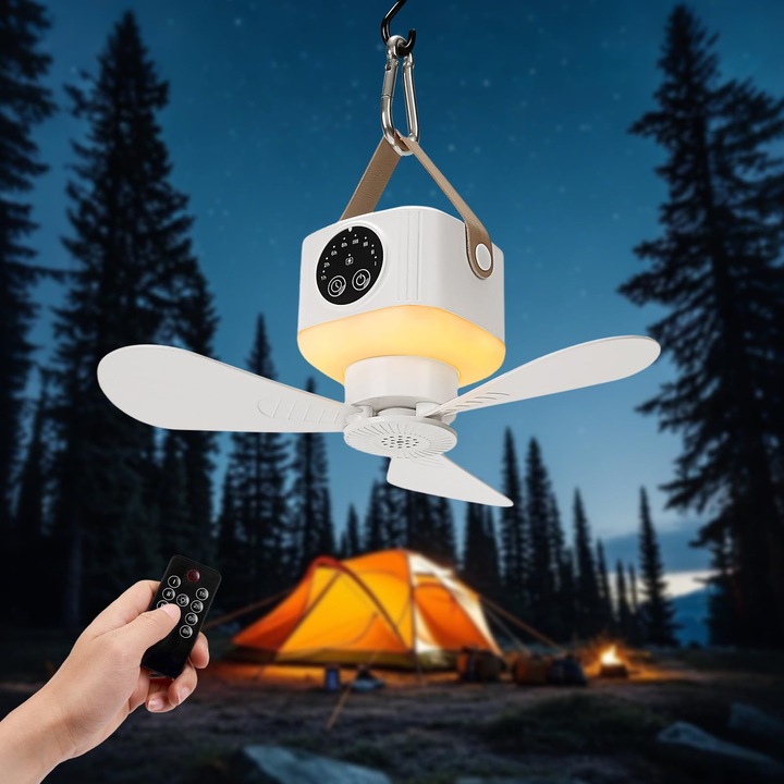 Преносим вентилатор за палатка AVAKKER® с LED, дистанционно управление и USB акумулаторна батерия, 4 степени на скорост, функция таймер, диаметър 23.5 см, тегло 560 г, идеален за къмпинг, каравана, RV и туризъм, бял