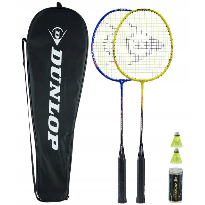 Set badminton Dunlop, 2 rachete din otel, 2 lotki, culori stralucitoare, cu husa